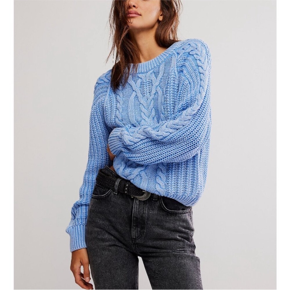 NEW Free People Frankie Cable Sweater in Della Robbia Blue size XS